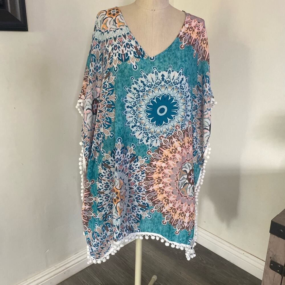 New! PinkMStyle Bohemian Blue Women'S V-neck Bathing suit Cover Up One Size